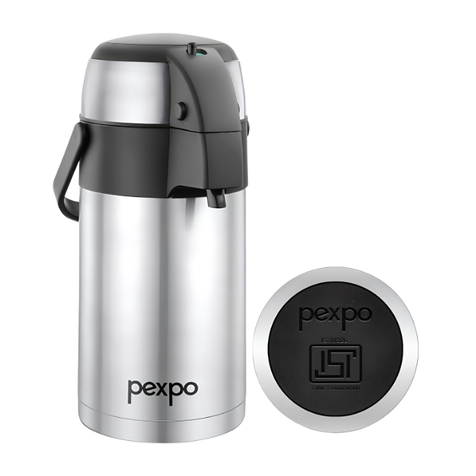 Go24 PEXPO AquaPort Stainless Steel Vacuum Insulated Beverage Dispenser with Pump | Hot & Cold | Double Wall | Sturdy Handle to Carry | Coffee/Tea Carafe - Silver