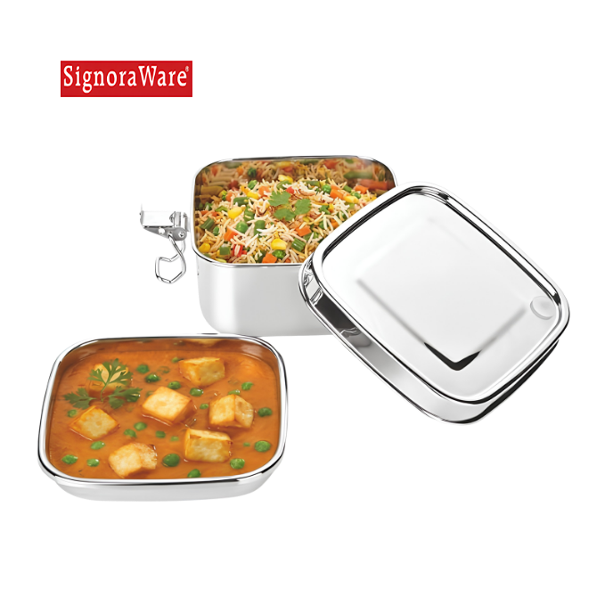 SIGNORAWARE All Steel Square Lid Range Steel Container with Plate | Silicone Seal to Prevent Leakage | Smart Vent Silicone to Release Air | Perfect for All Types of Food | Easy to Carry