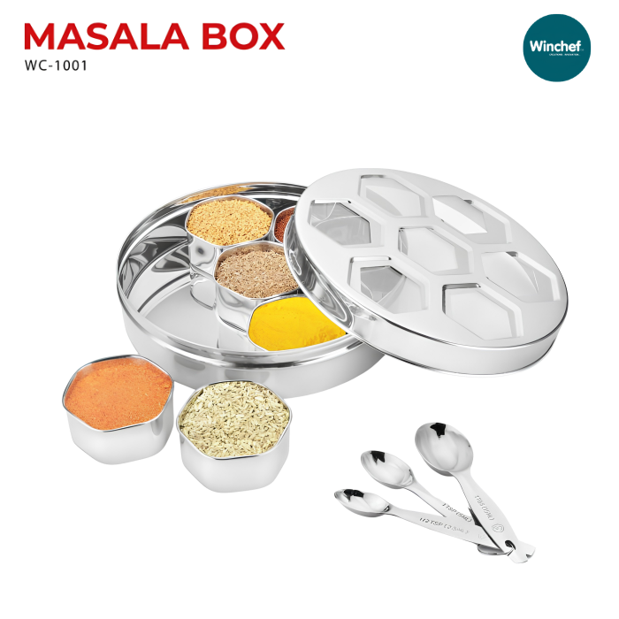 WINCHEF Premium Stainless Steel Masala Box With See Thru Lid | WC-1001 Plus | Dia 24 cm | 7 Octagonal Cups | 3 Spoons | Home & Kitchen