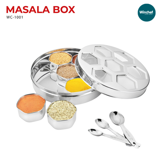 WINCHEF Premium Stainless Steel Masala Box With See Thru Lid | WC-1001 Plus | Dia 24 cm | 7 Octagonal Cups | 3 Spoons | Home & Kitchen