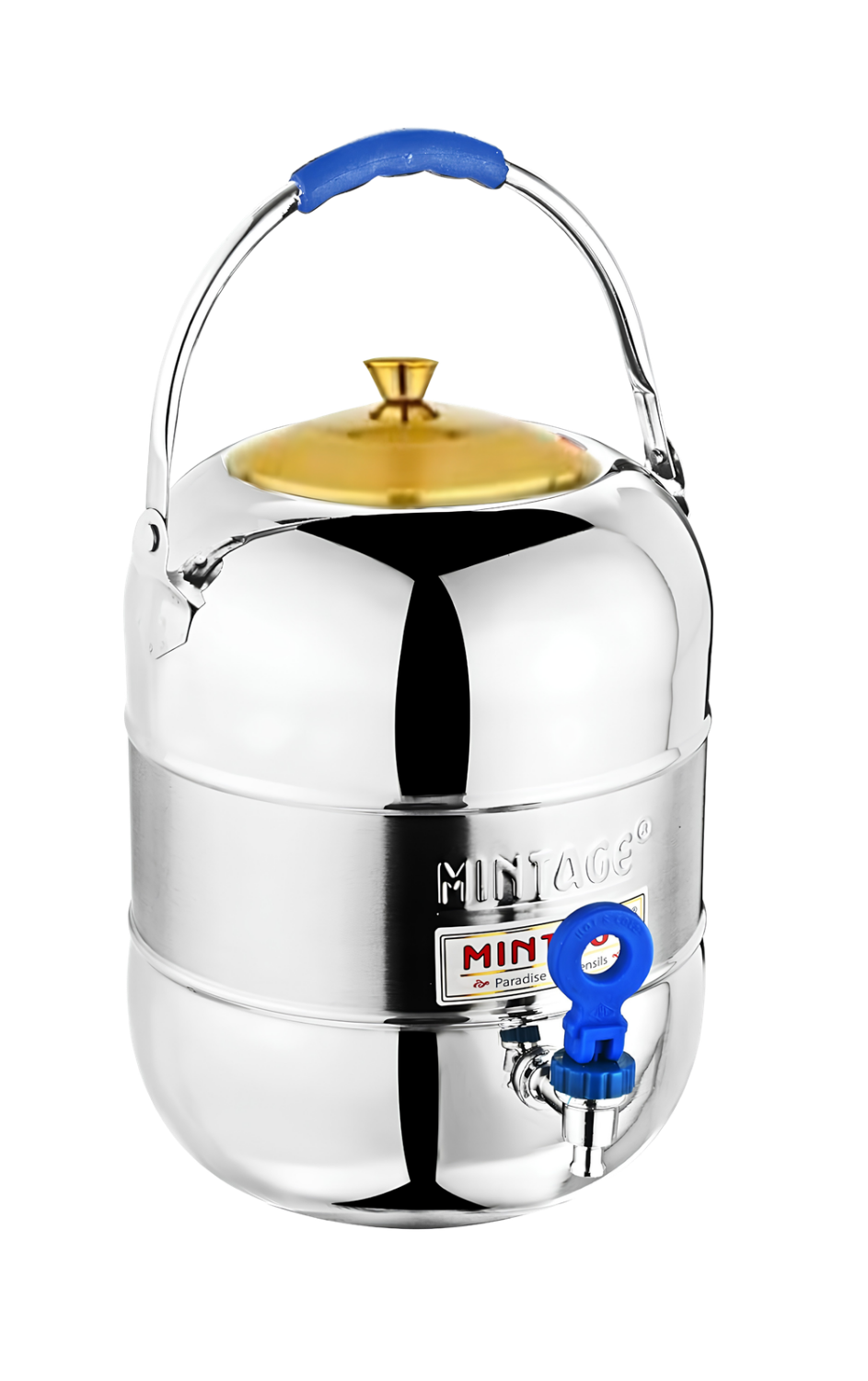 MINTAGE Elegant Dual Tone Stainless Steel Water Pot With Tap & Handle | Golden PVD Lid | 10 Ltr