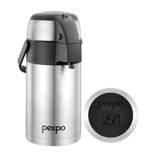 Go24 PEXPO AquaPort Stainless Steel Vacuum Insulated Beverage Dispenser with Pump | Hot & Cold | Double Wall | Sturdy Handle to Carry | Coffee/Tea Carafe - Silver