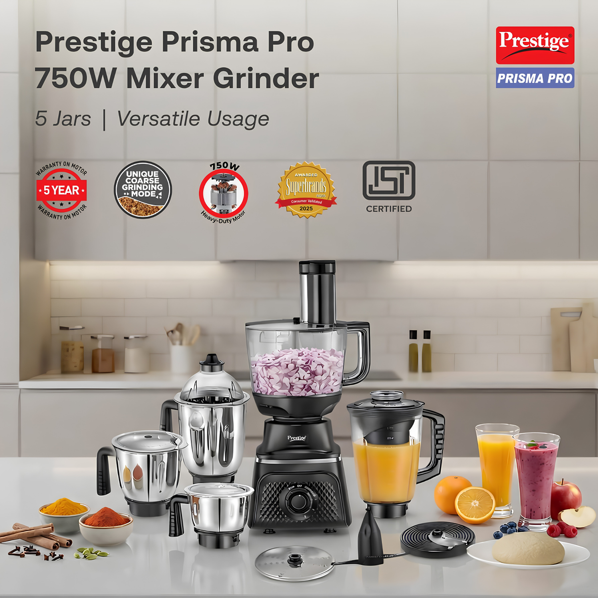 PRESTIGE Prisma Pro 750W 5 Jars Mixer Grinder  Stainless Steel Jars 3U, Multi Utility Jar 1 U & Juice Jar 1 U | 6 Super-Efficient Blades | Black & Silver