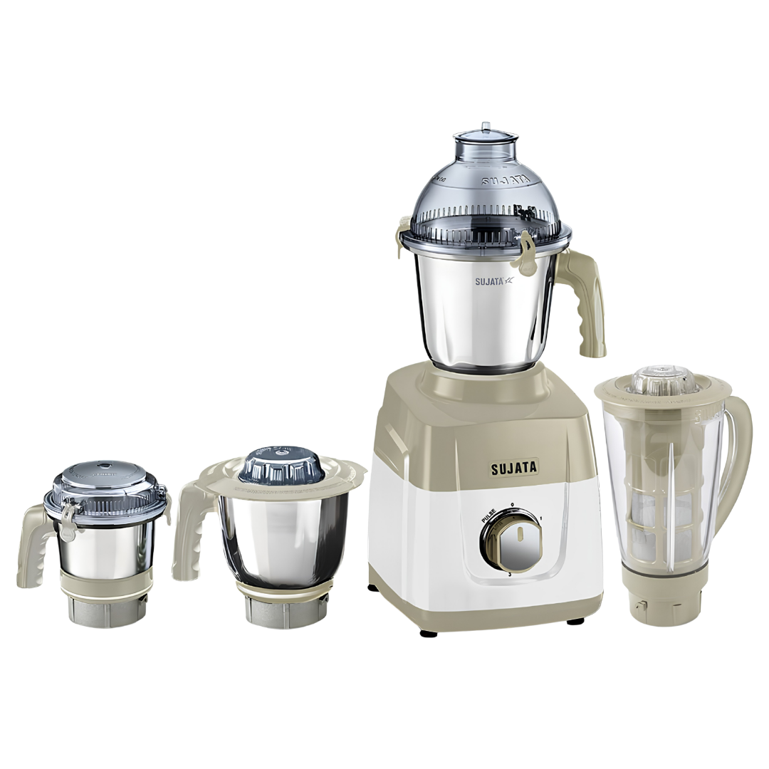 SUJATA MG03 Mixer Grinder | 1000 Watts Double Ball Bearing Motor | 24000 RPM | Non-Stop 90 Mins Running | 4 Jars including 1750 ml Blender with Coconut Milk Extractor | 1500ml, 1000ml, 500ml Jar | Beige & White