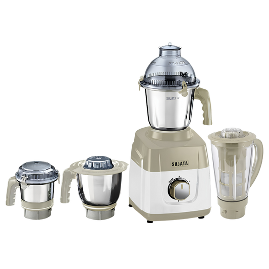 SUJATA MG03 Mixer Grinder | 1000 Watts Double Ball Bearing Motor | 24000 RPM | Non-Stop 90 Mins Running | 4 Jars including 1750 ml Blender with Coconut Milk Extractor | 1500ml, 1000ml, 500ml Jar | Beige & White