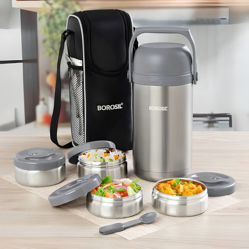 BOROSIL Hot-N-Fresh Stainless Steel Insulated Lunch Box, 3 Containers (1pcs 360 ml + 2pcs 410 ml), Grey
