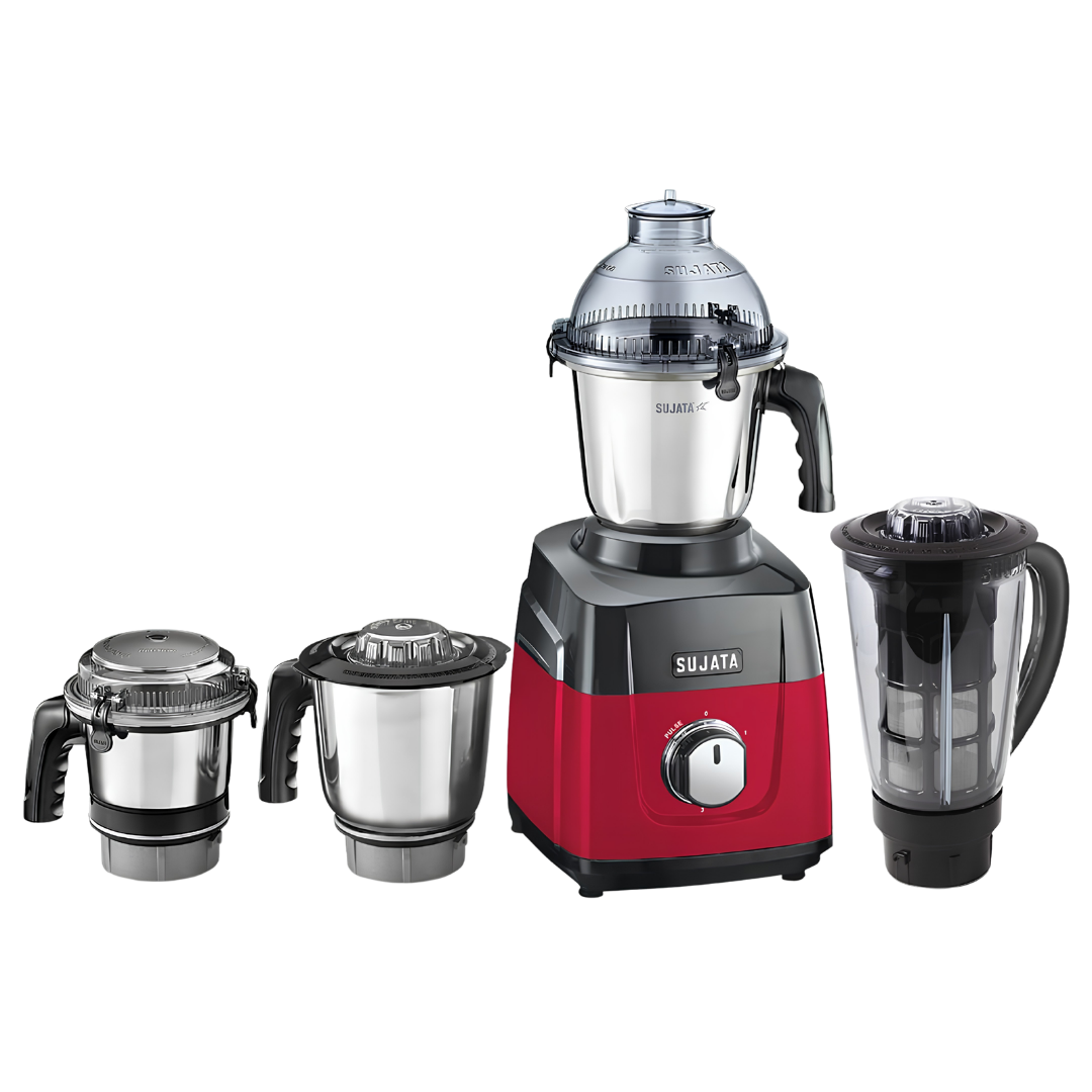 SUJATA MG03 Mixer Grinder | 1000 Watts Double Ball Bearing Motor | 24000 RPM | Non-Stop 90 Mins Running | 4 Jars including 1750 ml Blender with Coconut Milk Extractor | 1500ml, 1000ml, 500ml Jar | Red & Black