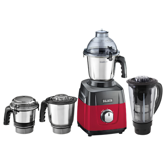 SUJATA MG03 Mixer Grinder | 1000 Watts Double Ball Bearing Motor | 24000 RPM | Non-Stop 90 Mins Running | 4 Jars including 1750 ml Blender with Coconut Milk Extractor | 1500ml, 1000ml, 500ml Jar | Red & Black