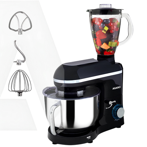 AGARO Imperial Stand Mixer, 1400W with 6L SS Bowl, 1.5L Blending Jar, 100% Copper Motor, Includes Blending Jar, Whisker, Beater, Black
