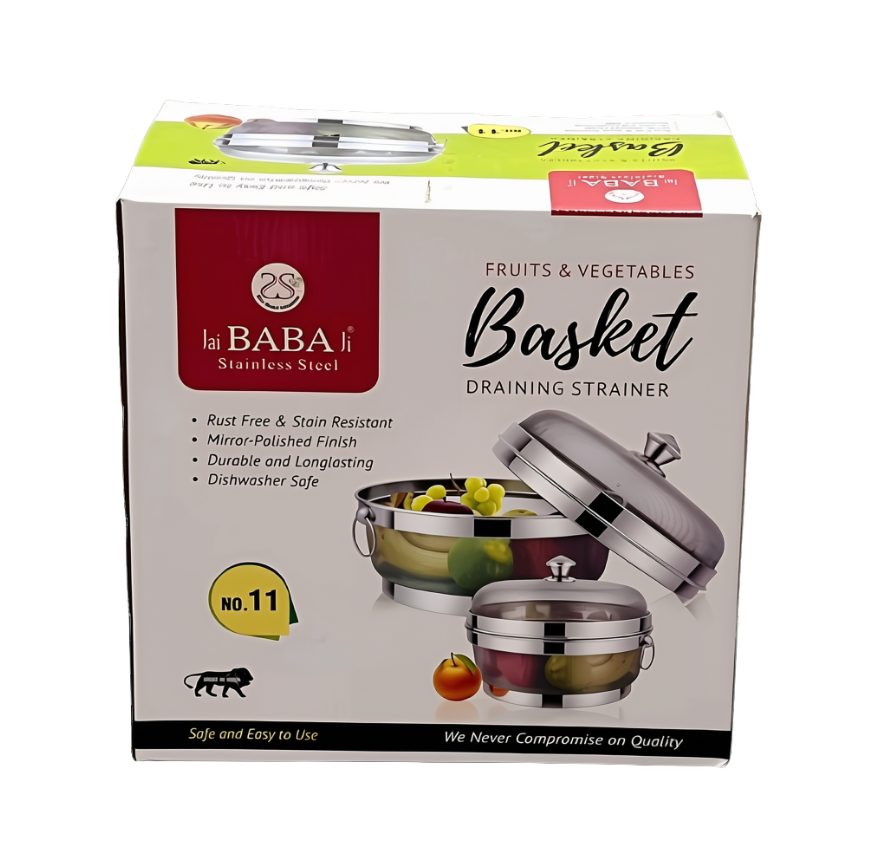 JAI BABA JI Fruits & Vegetables Basket | Stainless Steel Mesh | Draining Strainer | Mirror Polish | Dishwasher Safe