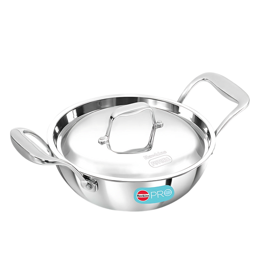 HAWKINS Pro Deep-Fry Pan | Triply Stainless Steel Kadhai with Steel Handles and Steel Lid | Silver
