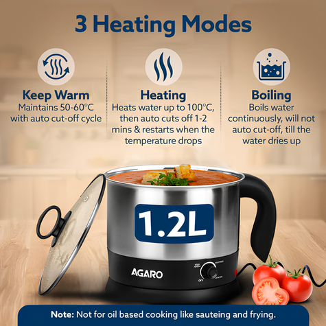 AGARO Esteem Electric Multipurpose Kettle 1.2 Ltr | 600 W with Stainless Steel Body, Egg Rack, Grill Rack | 3 Heating Modes & Rapid Boil Technology, Boiling Water, Tea, Coffee, Oats, Noodle, Soup | Black