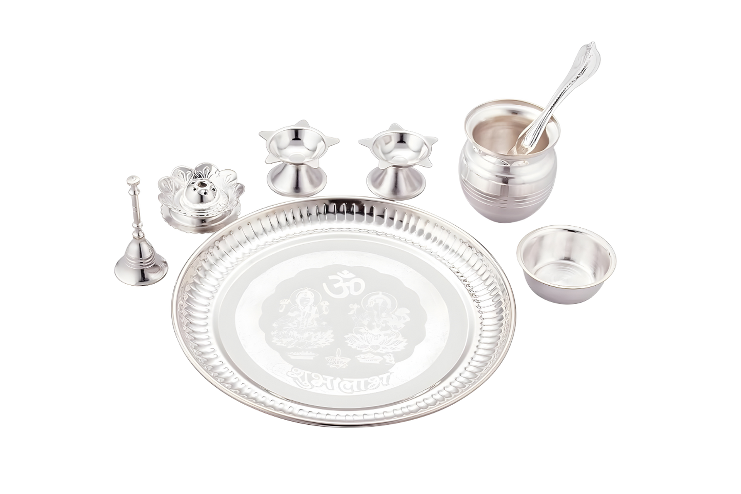 SILVERGLOW Arpan Pooja Set | Silver Plated Puja Thali Set | Festival Ethnic Puja Aarti set | Diwali, Office, Mandir, Wedding/Return Gift Item of 9 Pieces