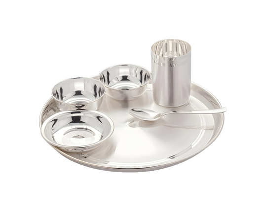 SILVERGLOW Stainless Steel Silver Dinner Set of 6 pcs, Pure-Silver Plated Luxury Dinnerware Set, Festival/Wedding Return Gift, Hotel, Restaurant Dining Set