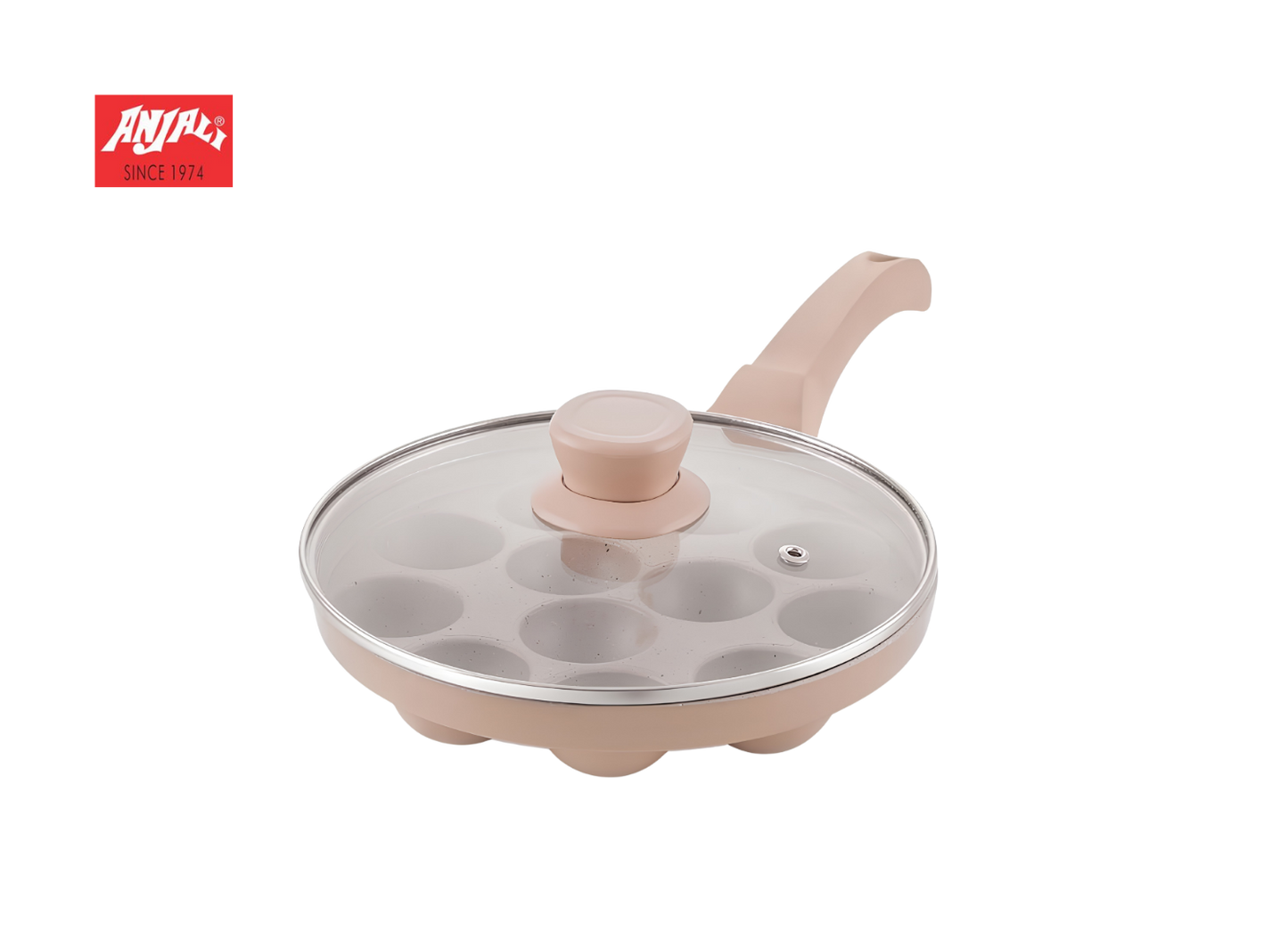 ANJALI Biscoff 12-Cup Appapatra Pan with Glass Lid – 1 Pc Appa Patra + 1 Pc Lid, Induction Base, Durable Non-Stick Cookware, Ideal for Steaming & Traditional Cooking