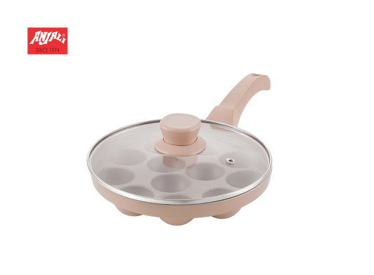 ANJALI Biscoff 12-Cup Appapatra Pan with Glass Lid – 1 Pc Appa Patra + 1 Pc Lid, Induction Base, Durable Non-Stick Cookware, Ideal for Steaming & Traditional Cooking