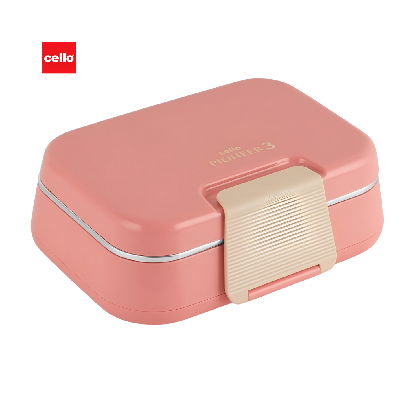 CELLO Pioneer Inner Steel Insulated Lunch Box with Fork & Spoon,  | Food Grade 3 Inner Steel Compartment, Leak Proof Sturdy Clip Lock Tiffin Box | Insulated Lunch Box For School Kids, Office Use