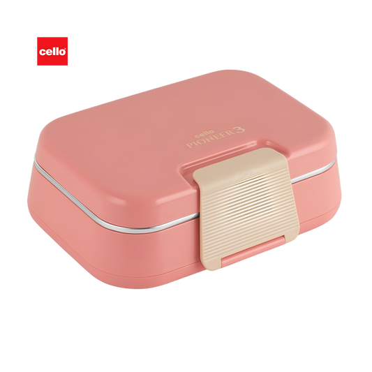 CELLO Pioneer Inner Steel Insulated Lunch Box with Fork & Spoon,  | Food Grade 3 Inner Steel Compartment, Leak Proof Sturdy Clip Lock Tiffin Box | Insulated Lunch Box For School Kids, Office Use