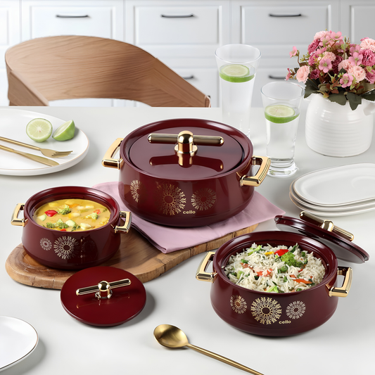 CELLO Jewel NX Insulated Casserole Set of 3 Pcs (500 ml, 1000 ml, 1500 ml) | Color: Burgundy, Beige, White, Black | Double Wall Insulated Hot Pot |  Keeps Food Hot & Warm for Long Hours | Gifting