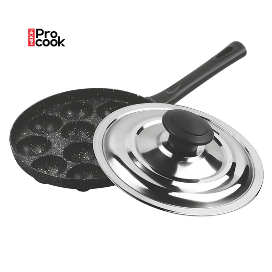 MILTON Pro cook Granito Non-Stick Appam Patra Cookware 12 Cavities, Paniyaram Pan with Stainless Steel Lid, Appe Maker, Black