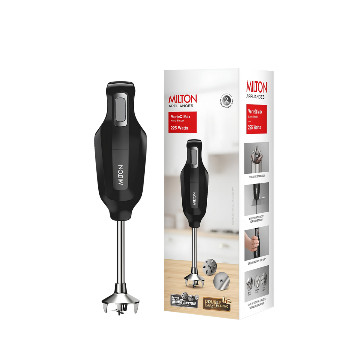 MILTON VorteQ Max Hand Blender | 225W Double Bearing Motor | 3 Detachable Stainless Steel Blades | Mincing, Whisking & Whipping | Wall Mount | ISI Certified | 2-Year Warranty | Black