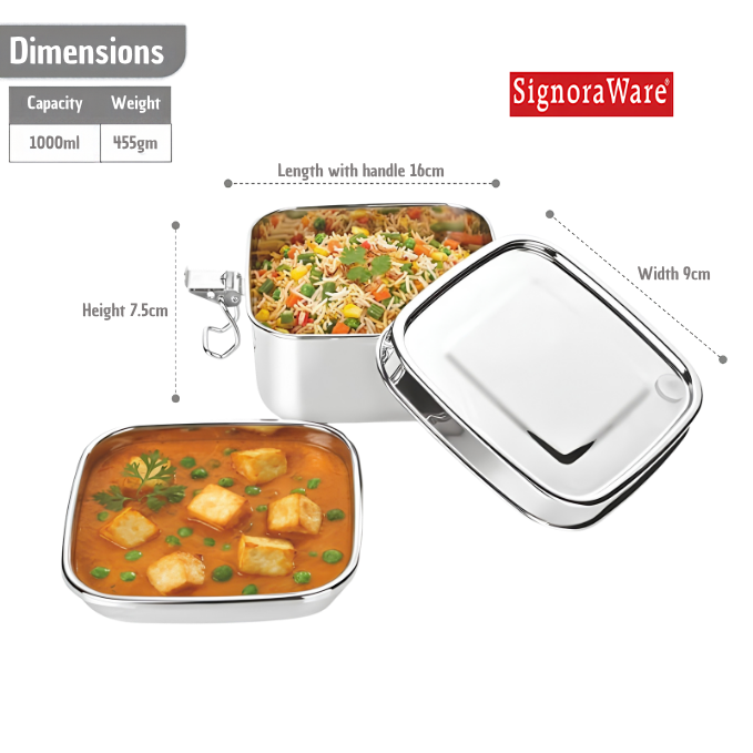 SIGNORAWARE All Steel Square Lid Range Steel Container with Plate | Silicone Seal to Prevent Leakage | Smart Vent Silicone to Release Air | Perfect for All Types of Food | Easy to Carry