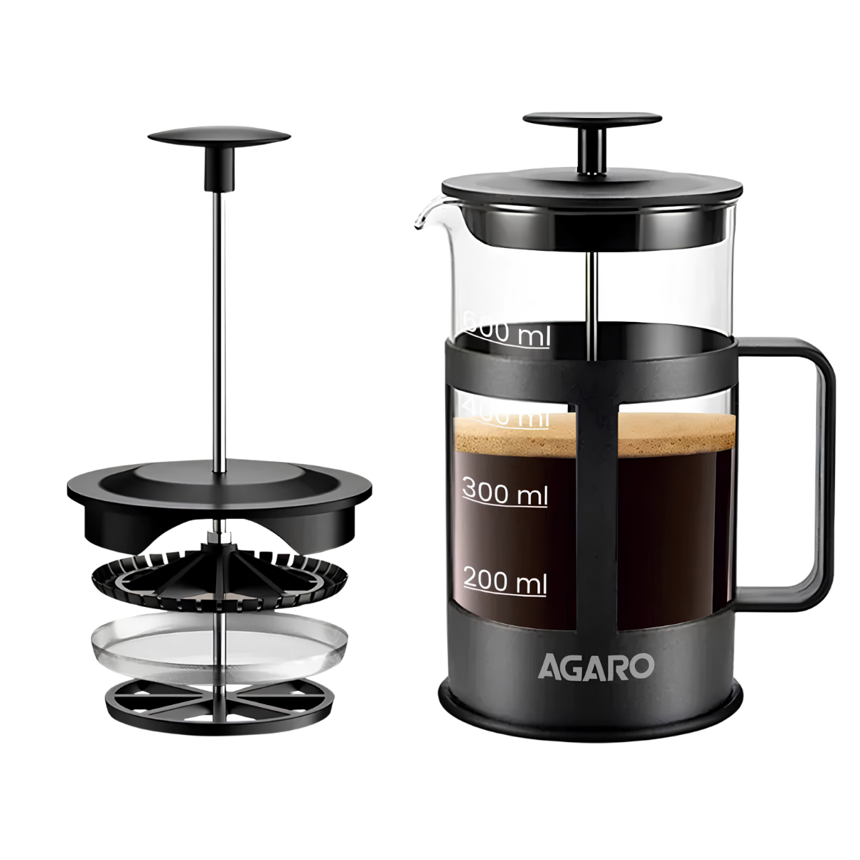AGARO Delite French Press Coffee And Tea Maker, Borosilicate Glass Body With Sleeves, Glass Carafe, BPA Free Plastic Lid Strainer, 600Ml