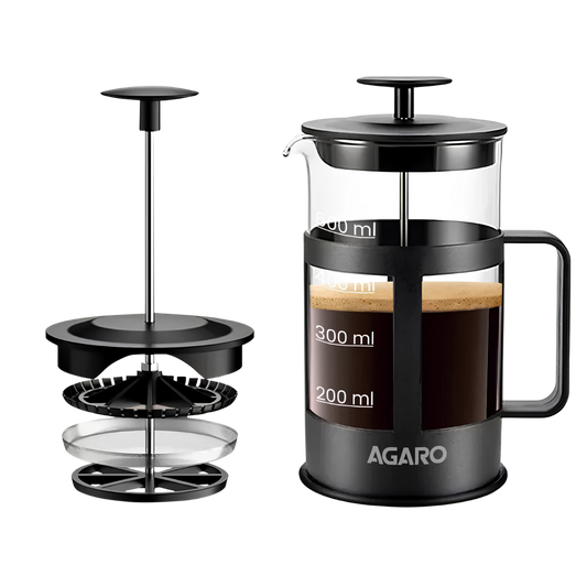 AGARO Delite French Press Coffee And Tea Maker, Borosilicate Glass Body With Sleeves, Glass Carafe, BPA Free Plastic Lid Strainer, 600Ml