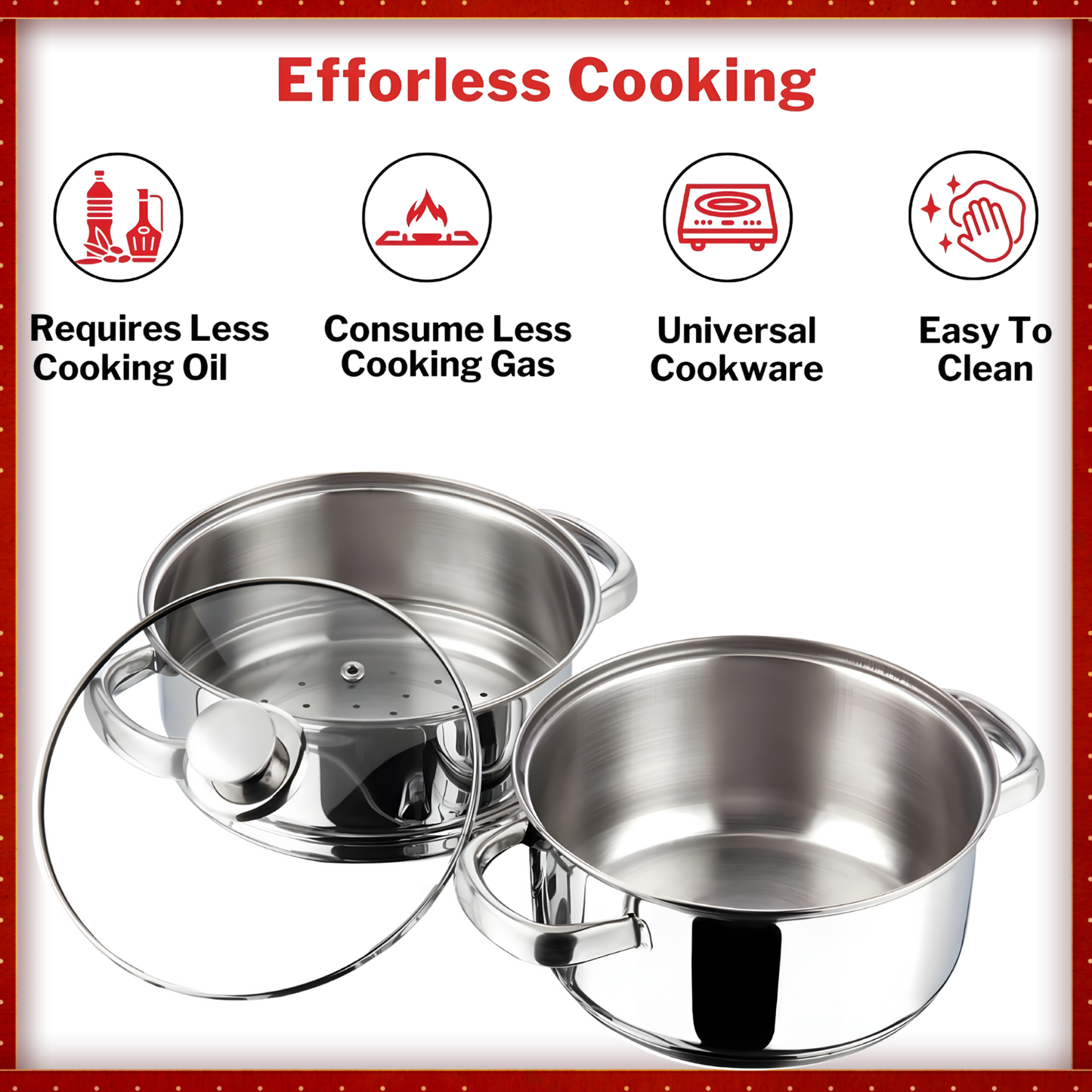 VINOD 2 Tier Stainless Steel Steamer for Kitchen with Glass Lid | 2.5 mm Thick Base | For Momos, Idli, Vegetables & More | Riveted Strong Handles | Induction & Gas Base