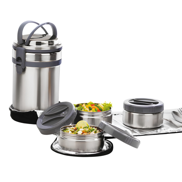 SIGNORAWARE Signature Double Wall Vacuum Insulated Stainless Steel Lunch Box (Big) with BAGMAT, Set of 3 SS Containers, 500 ml x 2 + 400 ml x 1, Silver