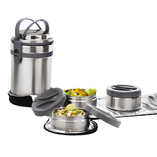 SIGNORAWARE Signature Double Wall Vacuum Insulated Stainless Steel Lunch Box (Big) with BAGMAT, Set of 3 SS Containers, 500 ml x 2 + 400 ml x 1, Silver