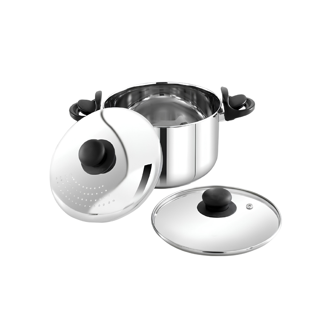 Praylady Stainless Steel Strainer Pot | Anti-Locking Glass Lid | Multi-Purpose Pasta, Rice & Noodle Pot | Large Family Pot | Induction & Gas Compatible