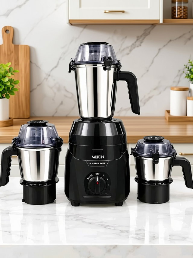 MILTON Gladiator 1000 W Mixer Grinder | Powerful Noiseless Motor with Double Ball Bearing | 3 Stainless Steel Jars with Metal Couplers | 3-Speed Control with Pulse | 120 Minutes Rating |5 Years Warranty on Motor|ISI Certified|Black