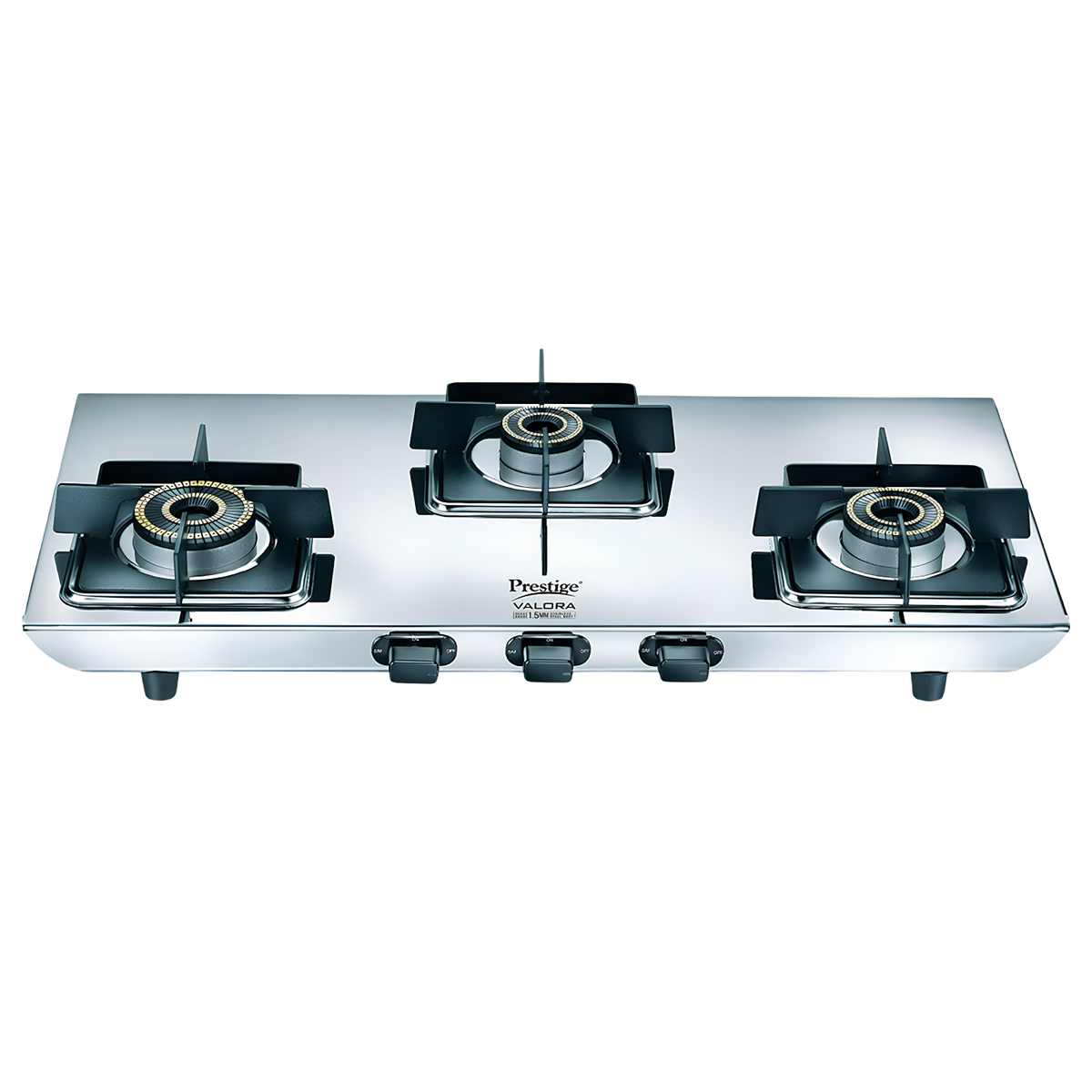 PRESTIGE Valora 03B Premium Heavy Stainless Steel Body L.P. Gas Stove 3 Brass Burners | Wind Guard Pan Support | 360° Revolving Nozzle | Removable Spill Tray