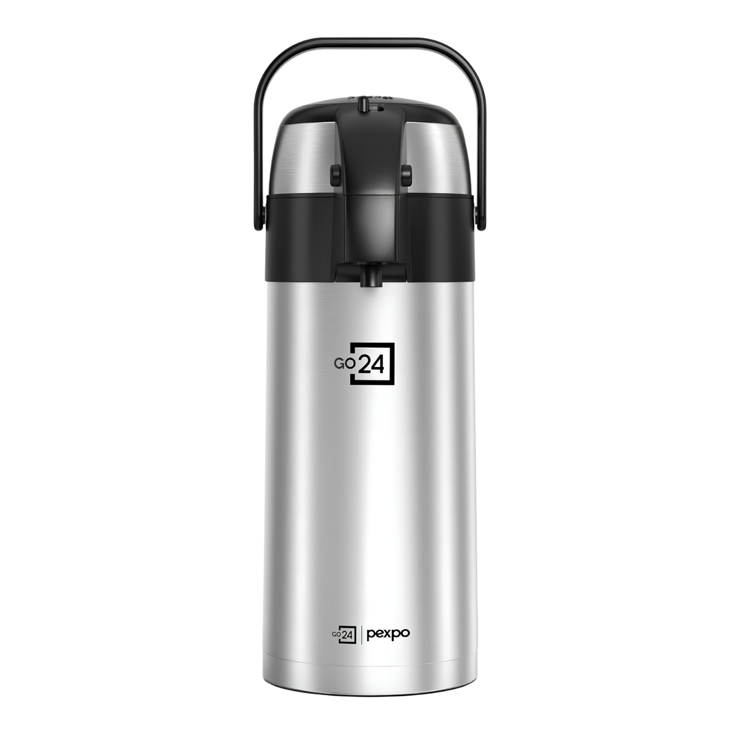 Go24 PEXPO AquaPort Stainless Steel Vacuum Insulated Beverage Dispenser with Pump | Hot & Cold | Double Wall | Sturdy Handle to Carry | Coffee/Tea Carafe - Silver
