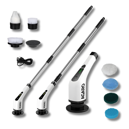 AGARO Royal Electric Spin Scrubber, Cleaning Brush Scrubber for Home, 400 RPM/Min, 8 Replaceable Brush Heads, 90 Min Work Time, 3 Adjustable Size, 2 Adjustable Speeds, for Bathroom, Floor Tiles, White