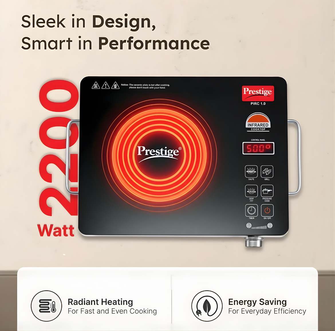Prestige Infrared Cooktop PIRC 1.0 | 2200-watt heating element, Stainless Steel & Ceramic | Adjustable Temperature Control | Cool Touch Handle | Induction Cooktop Style | 1-Year Warranty