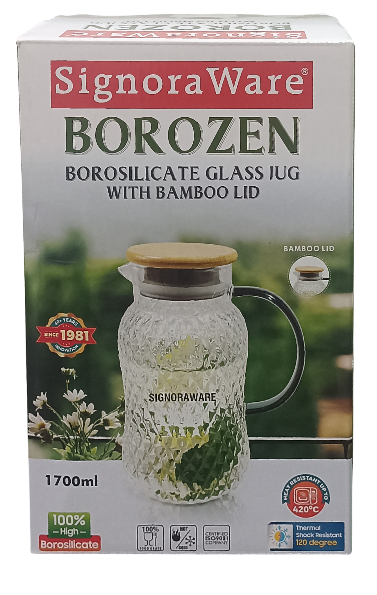 SIGNORAWARE BoroZen Borosilicate Glass Jug with Bamboo Lid |  1700 ML