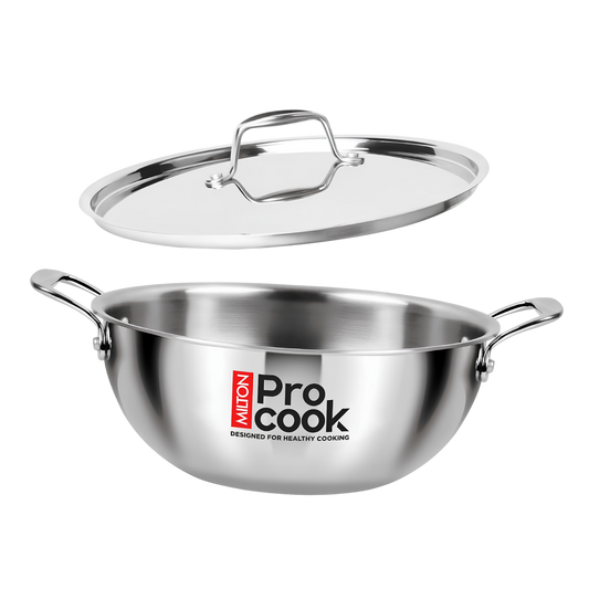 MILTON Pro cook Induction Cookware & Gas Stove Friendly Triply Stainless Steel Kadhai with SS Lid | Deep Fry Pan | 3-Layer Durable Construction | Sturdy Handle | 3 Year Warranty | Silver