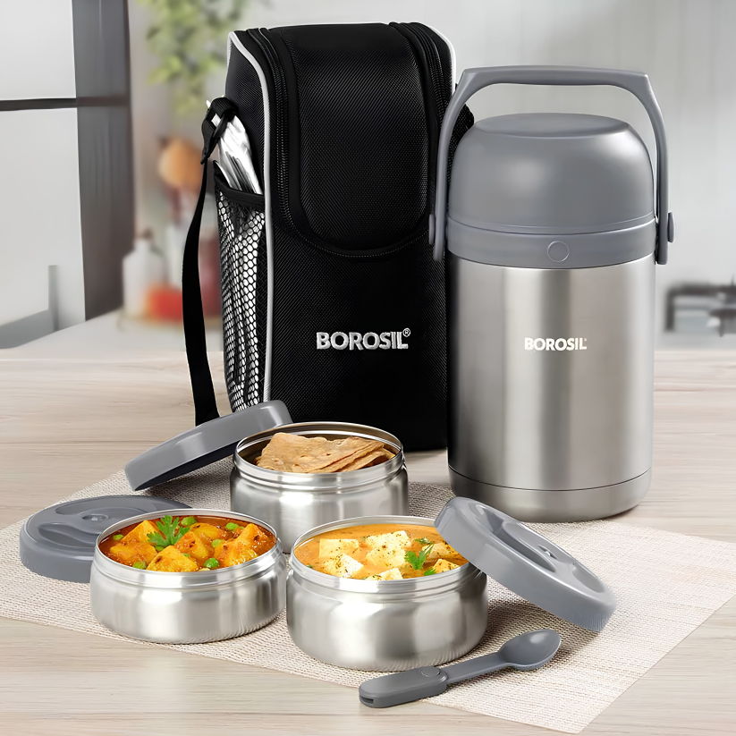 BOROSIL Hot-N-Fresh Stainless Steel Insulated Lunch Box, 3 Containers (1pcs 360 ml + 2pcs 410 ml), Grey