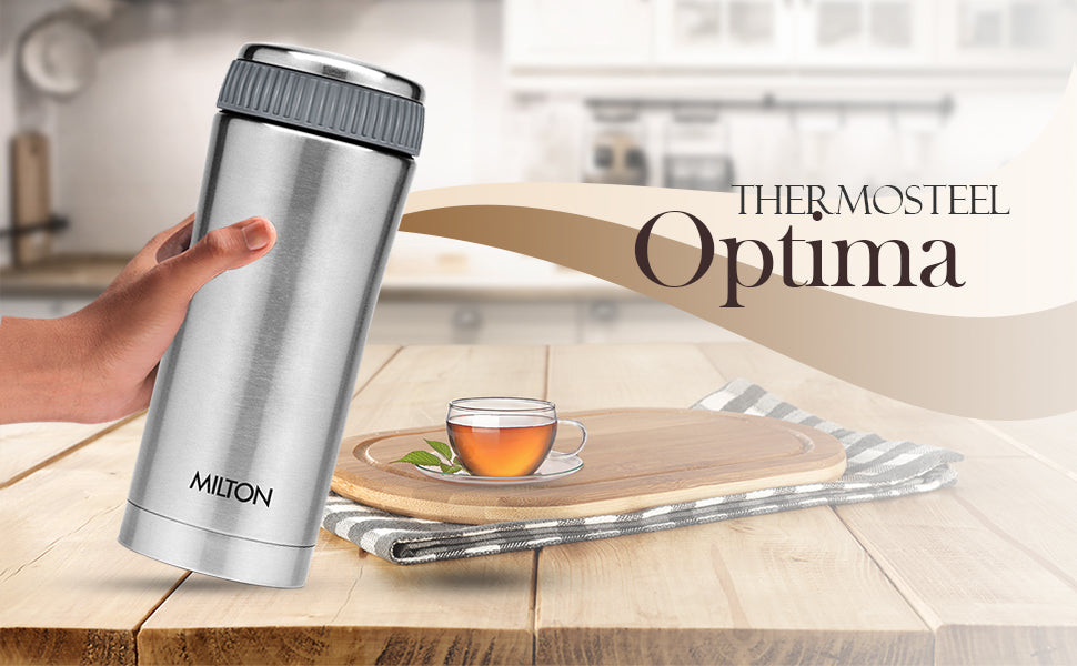 Milton Optima Thermosteel Hot and Cold Flask, Silver | Vacuum Insulated | Rust Proof | Leak Proof | Tea | Coffee | Juice