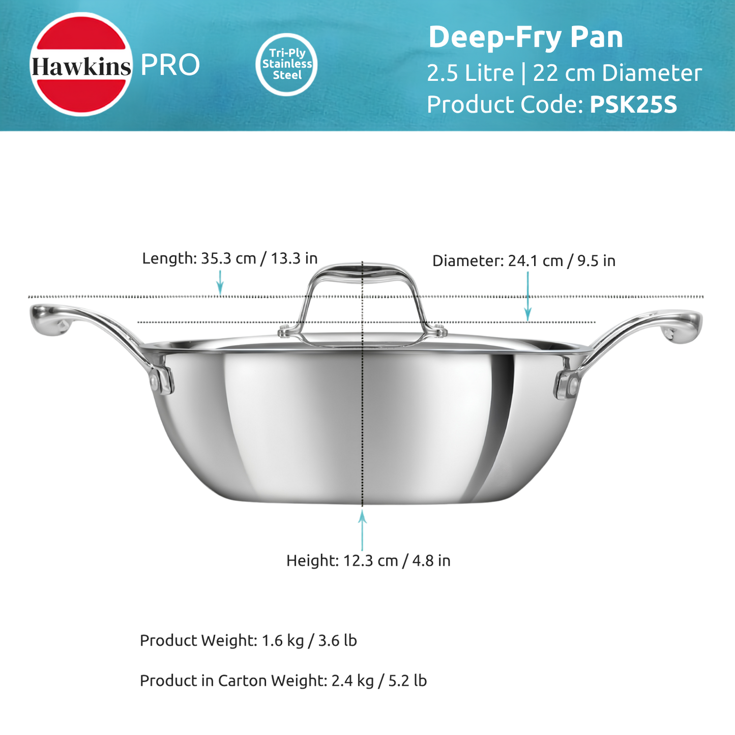 HAWKINS Pro Deep-Fry Pan | Triply Stainless Steel Kadhai with Steel Handles and Steel Lid | Silver