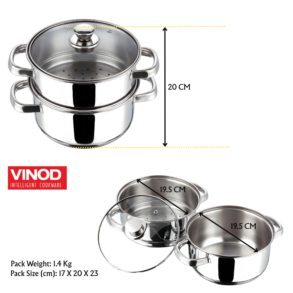 VINOD 2 Tier Stainless Steel Steamer for Kitchen with Glass Lid | 2.5 mm Thick Base | For Momos, Idli, Vegetables & More | Riveted Strong Handles | Induction & Gas Base