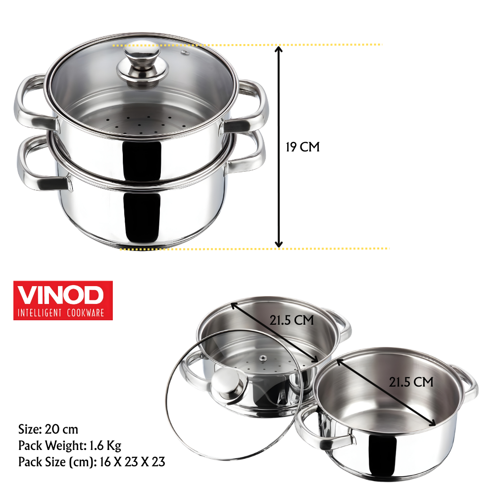 VINOD 2 Tier Stainless Steel Steamer for Kitchen with Glass Lid | 2.5 mm Thick Base | For Momos, Idli, Vegetables & More | Riveted Strong Handles | Induction & Gas Base