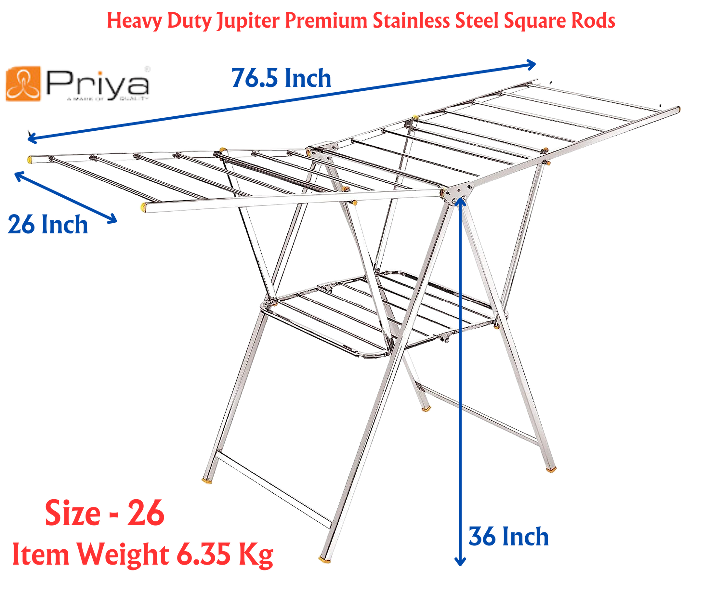 Priya Jupiter Heavy Duty Rust-Free Stainless Steel Foldable Cloth Drying Stand | Indoor/Outdoor/Balcony | Butterfly Model | Adjustable Fold Height - Premium Towel Stand from Priya - Just Rs. 5490! Shop now at Surana Sons