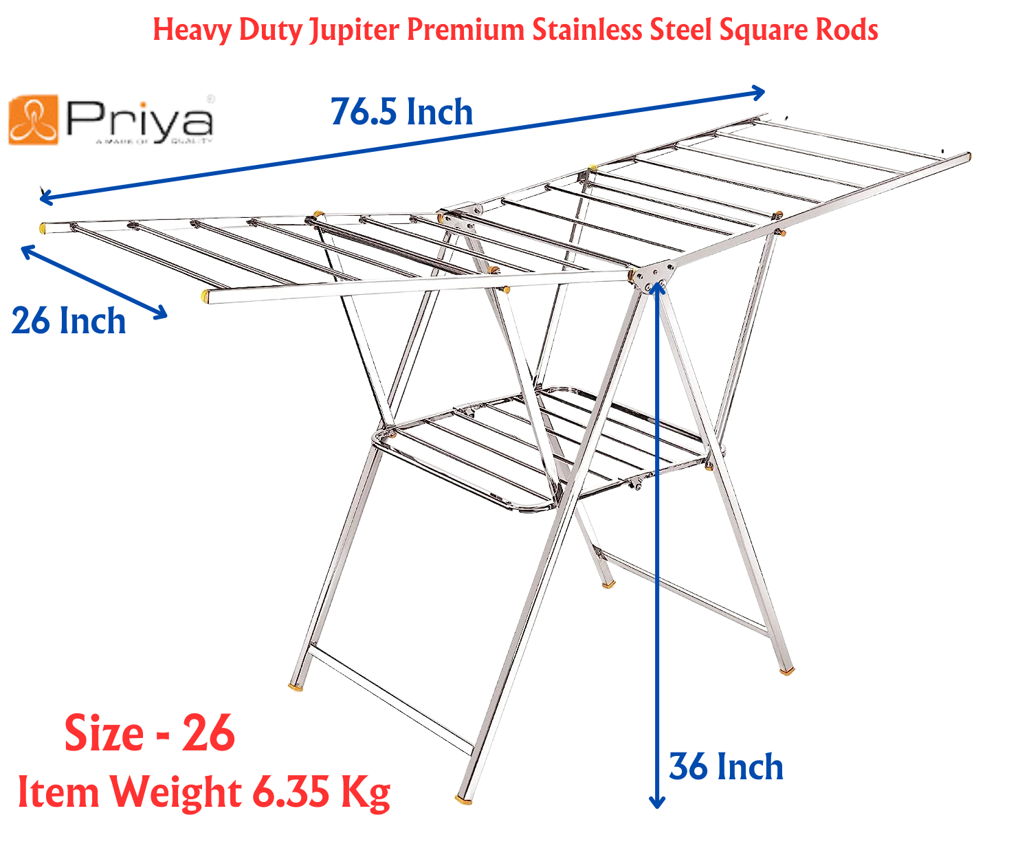 Priya Jupiter Heavy Duty Rust-Free Stainless Steel Foldable Cloth Drying Stand | Indoor/Outdoor/Balcony | Butterfly Model | Adjustable Fold Height - Premium Towel Stand from Priya - Just Rs. 5490! Shop now at Surana Sons