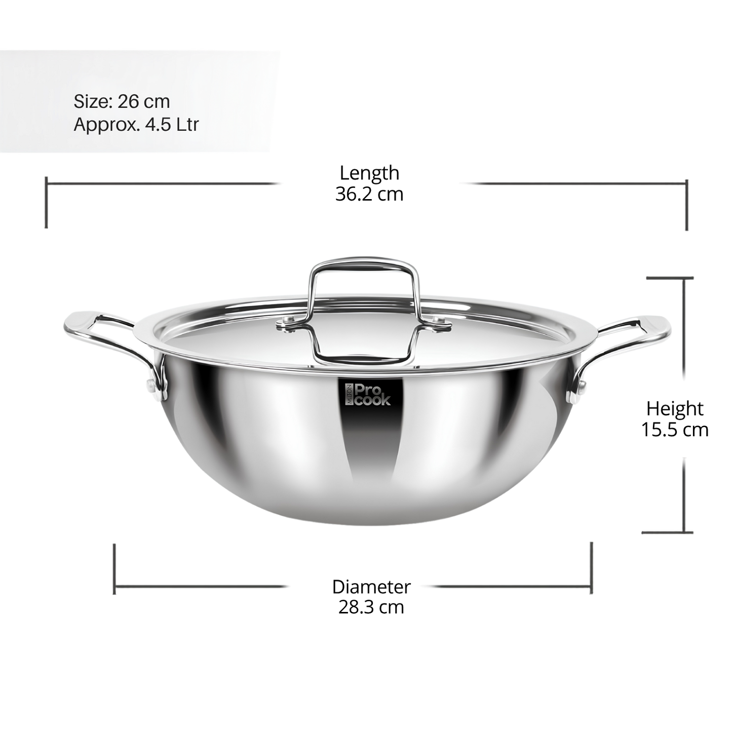 MILTON Pro cook Induction Cookware & Gas Stove Friendly Triply Stainless Steel Kadhai with SS Lid | Deep Fry Pan | 3-Layer Durable Construction | Sturdy Handle | 3 Year Warranty | Silver