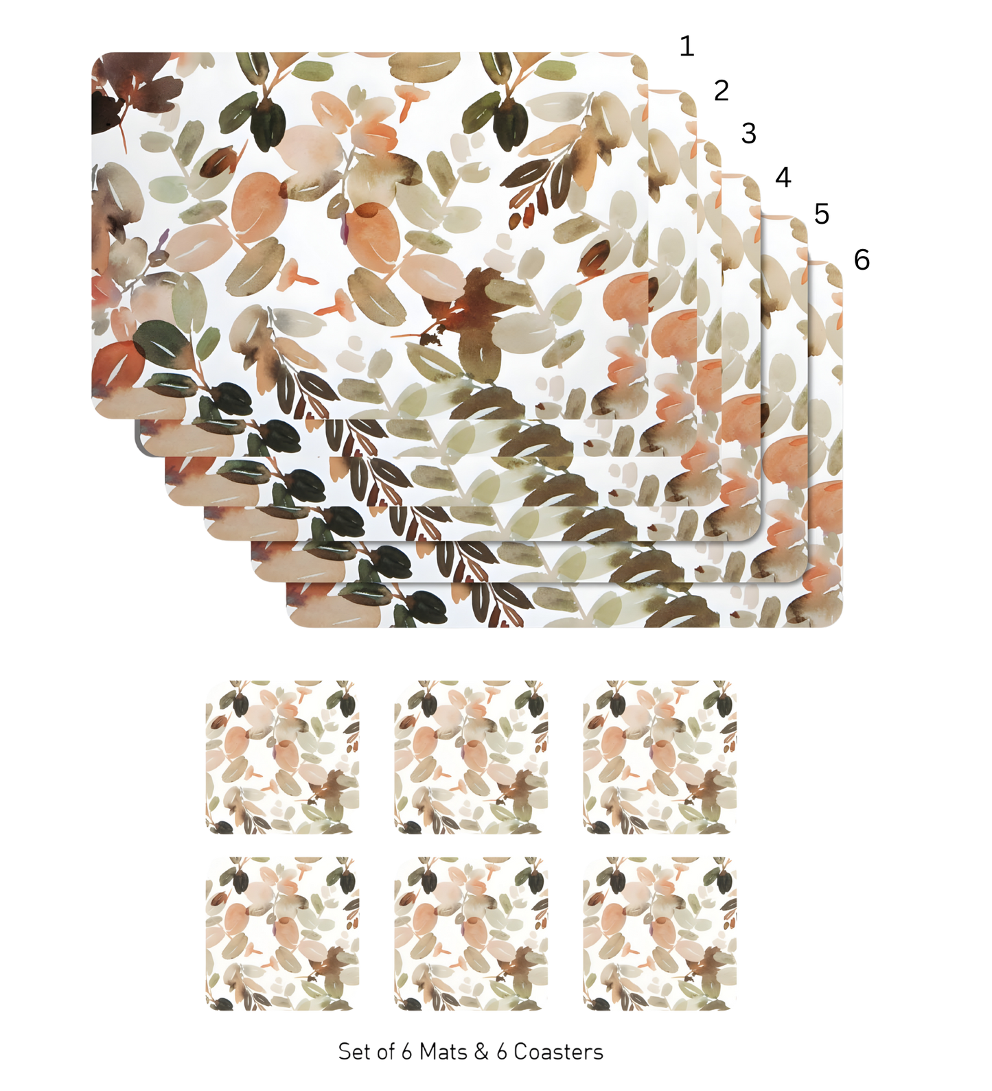OBSSESSION Bloom Printed Table Mat White and Brown | 6 Mats + 6 Coasters | Premium