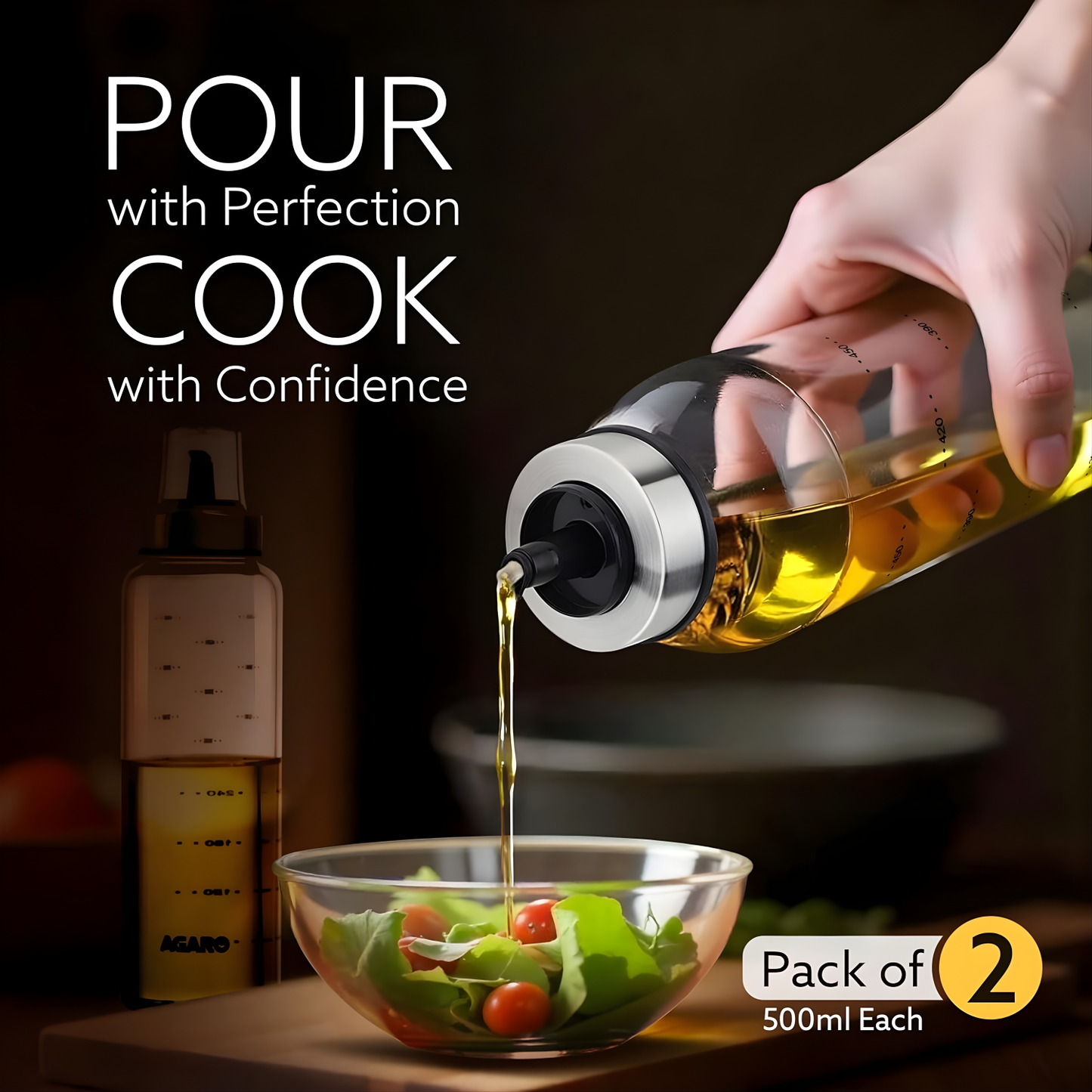 AGARO Elite Borosilicate Glass Oil Dispenser With Capacity Markings, Pack of 2, 500 ML each, Metallic Lid, Oil Bottle Jar, Transparent