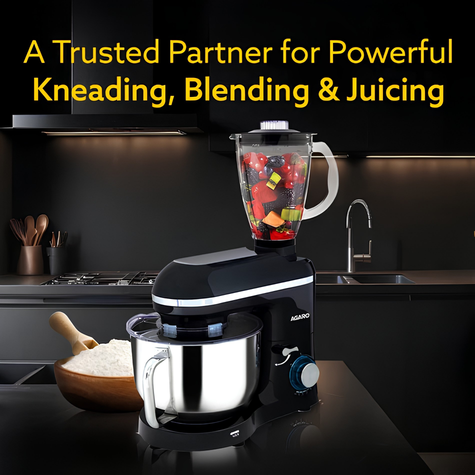 AGARO Imperial Stand Mixer, 1400W with 6L SS Bowl, 1.5L Blending Jar, 100% Copper Motor, Includes Blending Jar, Whisker, Beater, Black